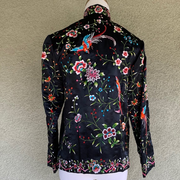 Exquisite Embroidered Asian Black Satin Jacket - Picture 7 of 8